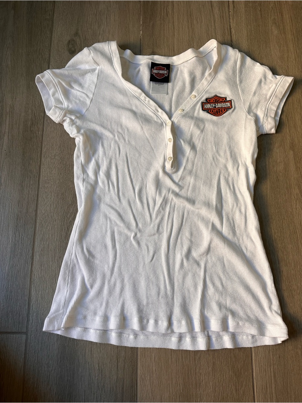 Harley-Davidson White Short Sleeve Henley Tee with Orange Logo